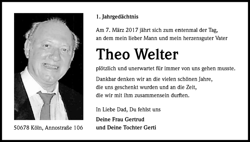  Traueranzeige für Theo Welter vom 04.03.2017 aus Kölner Stadt-Anzeiger / Kölnische Rundschau / Express