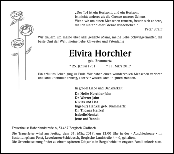 Anzeige von Elvira Horchler von Kölner Stadt-Anzeiger / Kölnische Rundschau / Express
