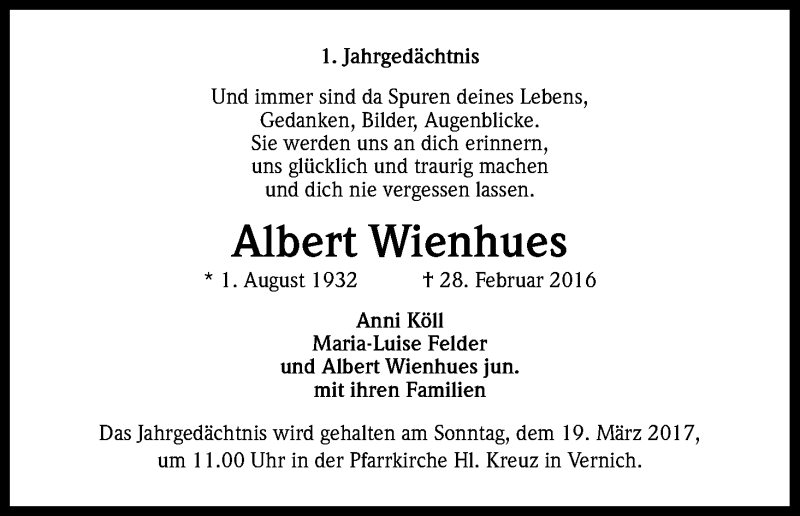  Traueranzeige für Albert Wienhues vom 11.03.2017 aus Kölner Stadt-Anzeiger / Kölnische Rundschau / Express