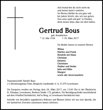 Anzeige von Gertrud Bous von Kölner Stadt-Anzeiger / Kölnische Rundschau / Express
