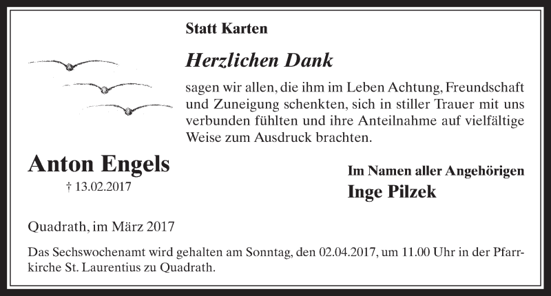  Traueranzeige für Anton Engels vom 29.03.2017 aus  Werbepost 