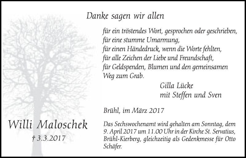  Traueranzeige für Willi Maloschek vom 29.03.2017 aus  Schlossbote/Werbekurier 