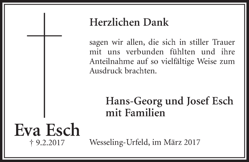  Traueranzeige für Eva Esch vom 15.03.2017 aus  Schlossbote/Werbekurier 