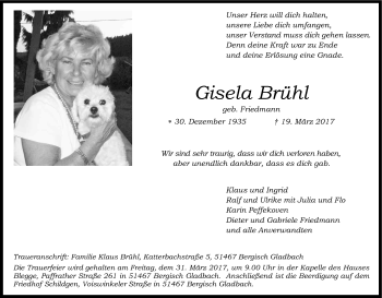 Anzeige von Gisela Brühl von Kölner Stadt-Anzeiger / Kölnische Rundschau / Express