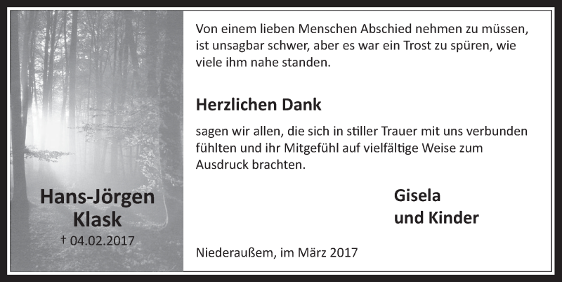  Traueranzeige für Hans-Jörgen Klask vom 29.03.2017 aus  Werbepost 