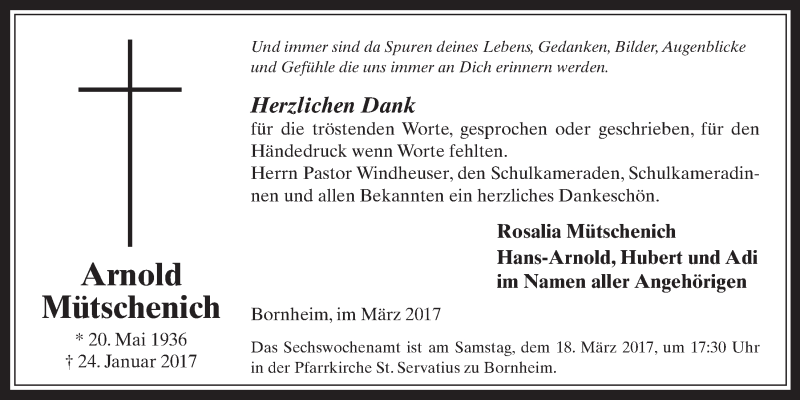  Traueranzeige für Arnold Mütschenich vom 08.03.2017 aus  Schaufenster/Blickpunkt 
