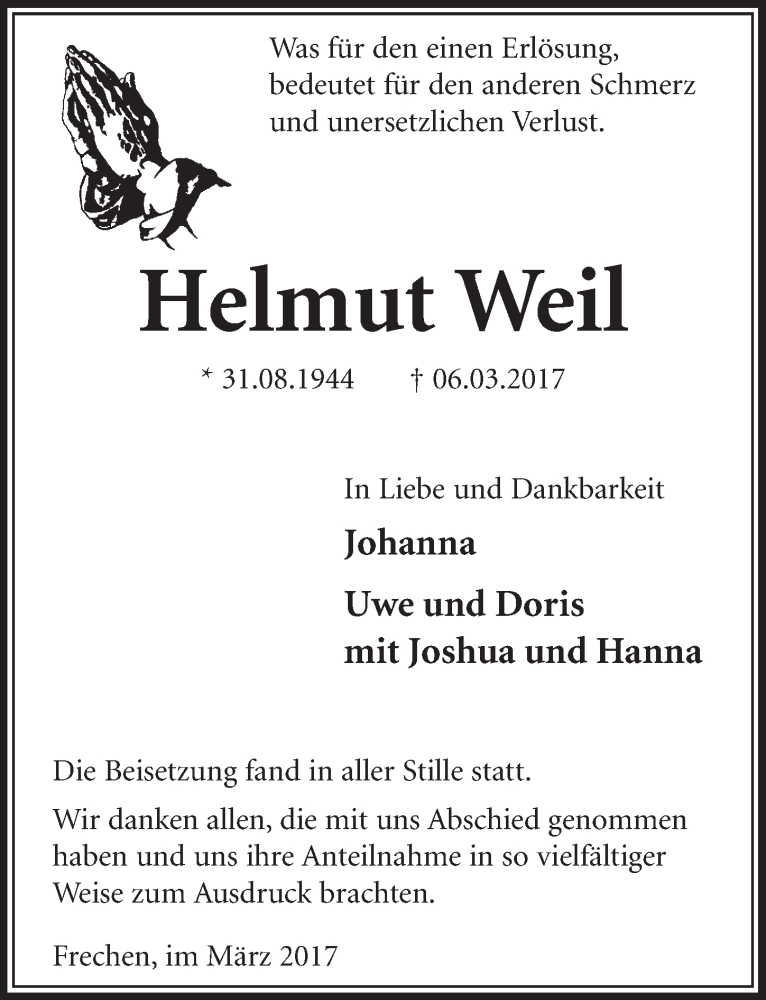  Traueranzeige für Helmut Weil vom 25.03.2017 aus  Sonntags-Post 