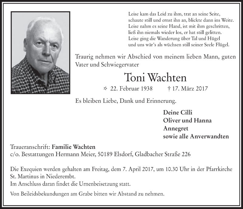  Traueranzeige für Toni Wachten vom 29.03.2017 aus  Werbepost 