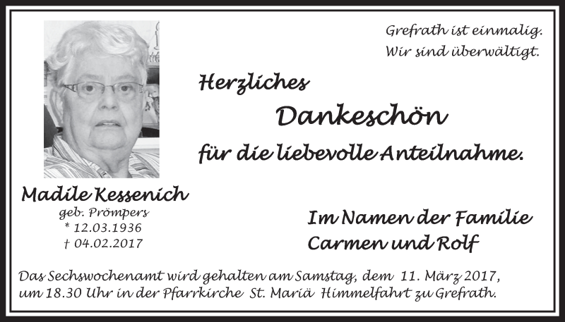  Traueranzeige für Madile Kessenich vom 04.03.2017 aus  Sonntags-Post 
