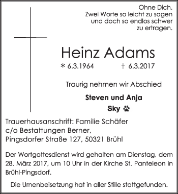 Anzeige von Heinz Adams von  Schlossbote/Werbekurier 