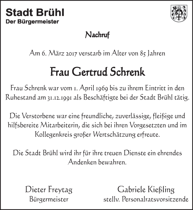  Traueranzeige für Gertrud Schrenk vom 15.03.2017 aus  Schlossbote/Werbekurier 