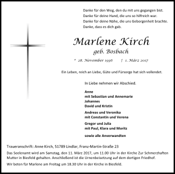Anzeige von Marlene Kirch von Kölner Stadt-Anzeiger / Kölnische Rundschau / Express