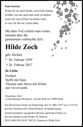 Anzeige von Hilde Zoch von  Kölner Wochenspiegel 