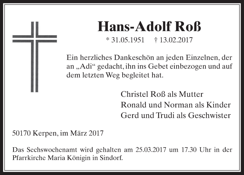  Traueranzeige für Hans-Adolf  Roß vom 22.03.2017 aus  Werbepost 