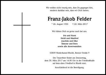 Anzeige von Franz-Jakob Felder von Kölner Stadt-Anzeiger / Kölnische Rundschau / Express