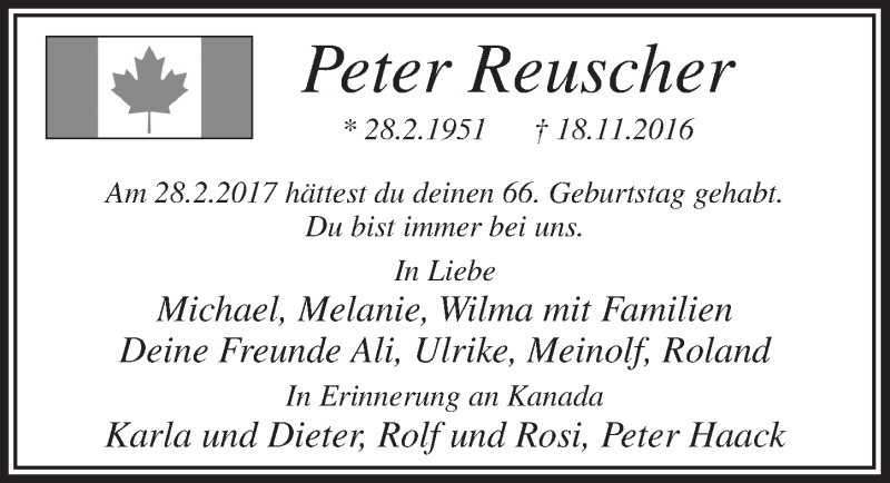  Traueranzeige für Peter Reuscher vom 08.03.2017 aus  Bergisches Handelsblatt 