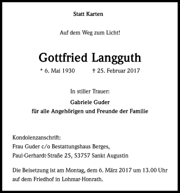 Anzeige von Gottfried Langguth von Kölner Stadt-Anzeiger / Kölnische Rundschau / Express