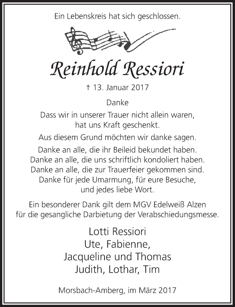  Traueranzeige für Reinhold Ressiori vom 08.03.2017 aus  Lokalanzeiger 