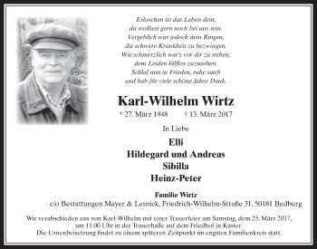 Anzeige von Karl-Wilhelm Wirtz von  Werbepost 