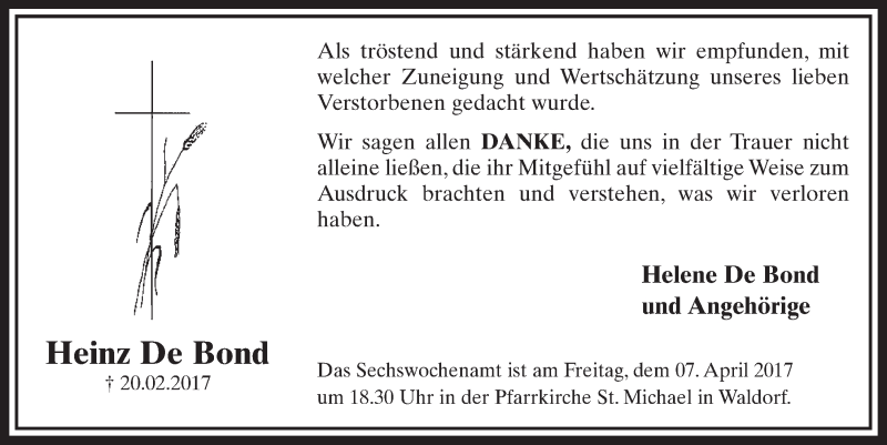  Traueranzeige für Heinz De Bond vom 22.03.2017 aus  Schlossbote/Werbekurier 