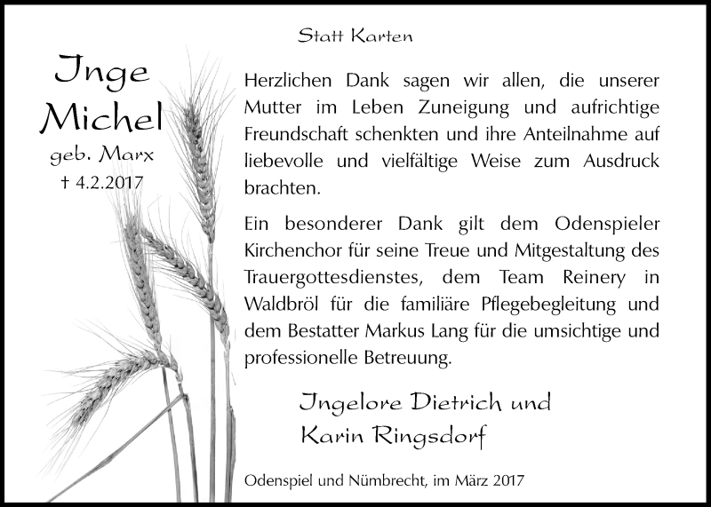  Traueranzeige für Inge Michel vom 08.03.2017 aus  Lokalanzeiger 