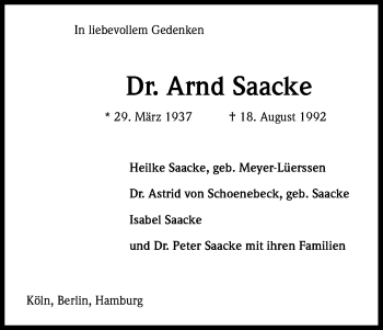 Anzeige von Arnd Saacke von Kölner Stadt-Anzeiger / Kölnische Rundschau / Express