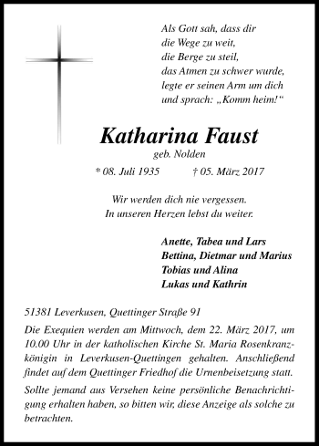 Anzeige von Katharina Faust von Kölner Stadt-Anzeiger / Kölnische Rundschau / Express