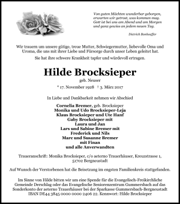 Anzeige von Hilde Brocksieper von Kölner Stadt-Anzeiger / Kölnische Rundschau / Express