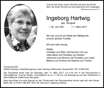 Anzeige von Ingeborg Hartwig von Kölner Stadt-Anzeiger / Kölnische Rundschau / Express