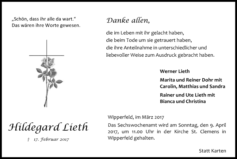  Traueranzeige für Hildegard Lieth vom 31.03.2017 aus Kölner Stadt-Anzeiger / Kölnische Rundschau / Express