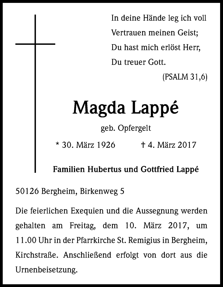  Traueranzeige für Magda Lappé vom 07.03.2017 aus Kölner Stadt-Anzeiger / Kölnische Rundschau / Express