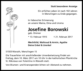 Anzeige von Josefine Borowski von Kölner Stadt-Anzeiger / Kölnische Rundschau / Express