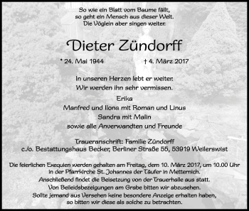 Anzeige von Dieter Zündorff von Kölner Stadt-Anzeiger / Kölnische Rundschau / Express