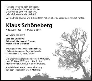 Anzeige von Klaus Schöneberg von Kölner Stadt-Anzeiger / Kölnische Rundschau / Express