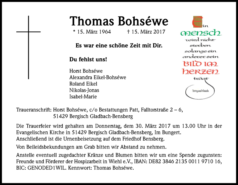  Traueranzeige für Thomas Bohséwe vom 25.03.2017 aus Kölner Stadt-Anzeiger / Kölnische Rundschau / Express