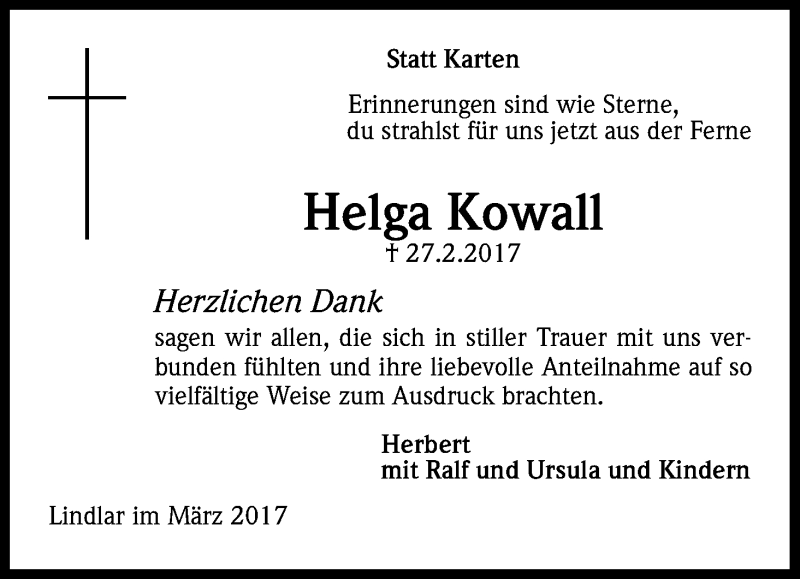  Traueranzeige für Helga Kowall vom 24.03.2017 aus Kölner Stadt-Anzeiger / Kölnische Rundschau / Express