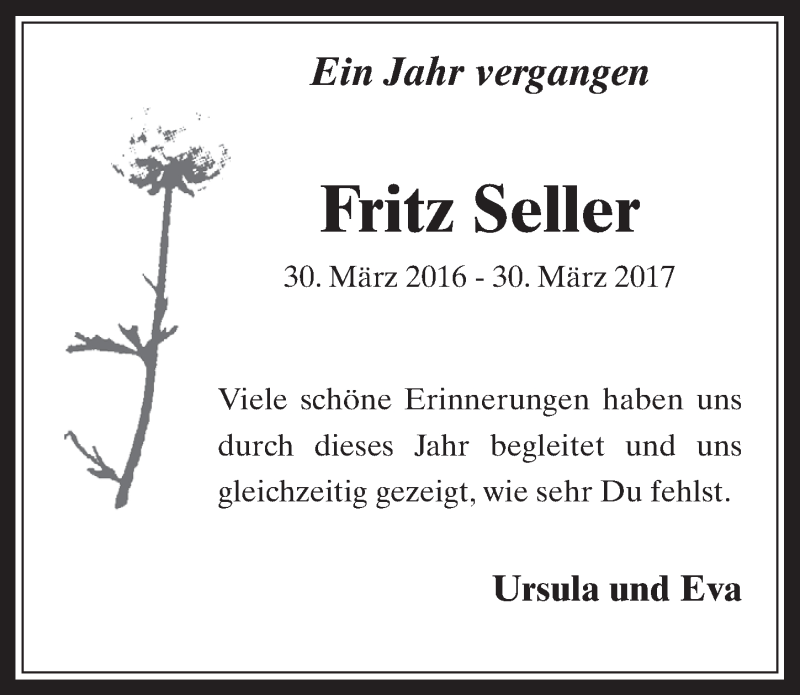  Traueranzeige für Fritz Seller vom 29.03.2017 aus  Werbepost 
