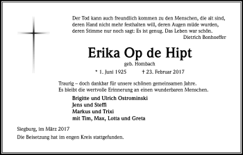 Anzeige von Erika  Op de Hipt von Kölner Stadt-Anzeiger / Kölnische Rundschau / Express
