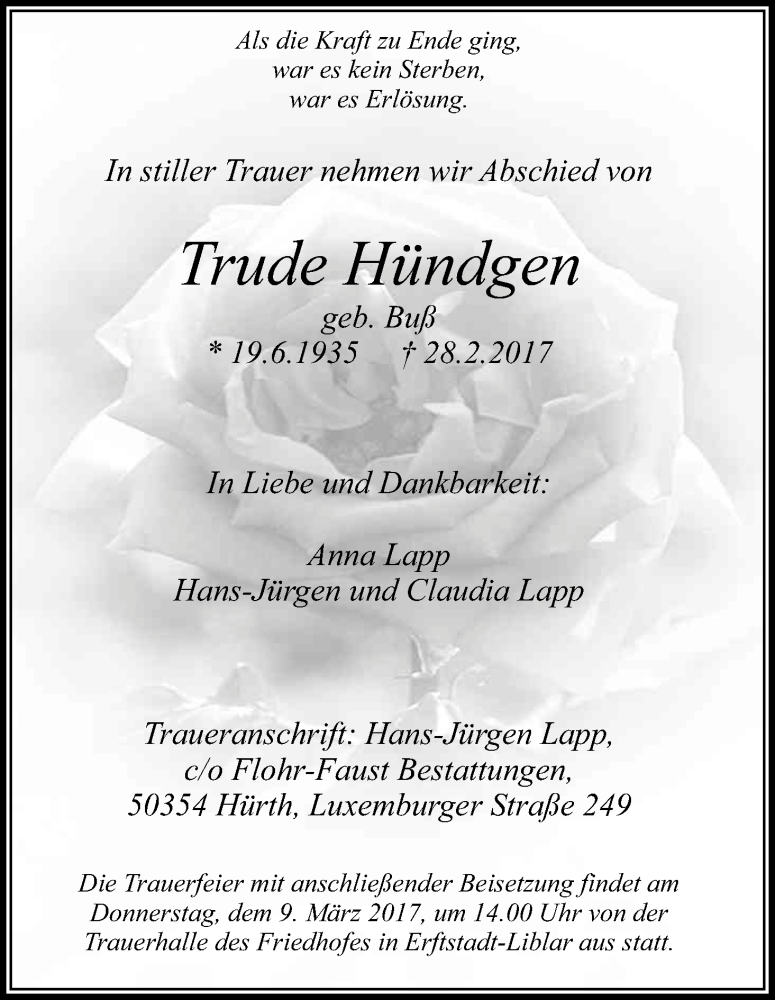  Traueranzeige für Trude Hündgen vom 04.03.2017 aus Kölner Stadt-Anzeiger / Kölnische Rundschau / Express