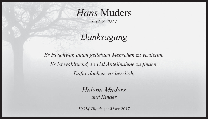  Traueranzeige für Hans Muders vom 08.03.2017 aus  Wochenende 