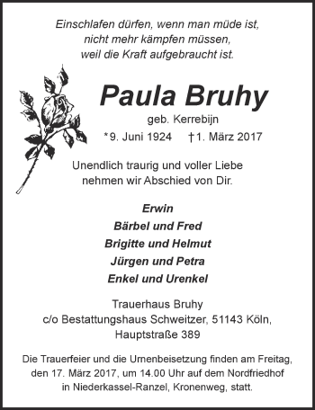Anzeige von Paula Bruhy von  Kölner Wochenspiegel 