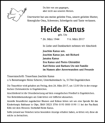 Anzeige von Heide Kanus von Kölner Stadt-Anzeiger / Kölnische Rundschau / Express