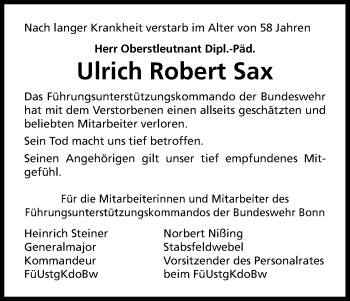 Anzeige von Ulrich Robert Sax von Kölner Stadt-Anzeiger / Kölnische Rundschau / Express