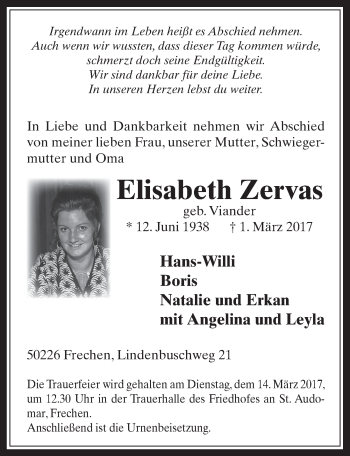 Anzeige von Elisabeth Zervas von  Wochenende 