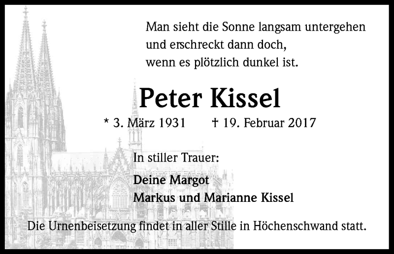  Traueranzeige für Peter Kissel vom 04.03.2017 aus Kölner Stadt-Anzeiger / Kölnische Rundschau / Express