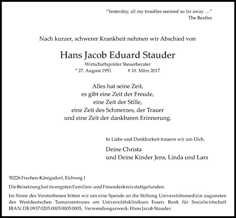  Traueranzeige für Hans Jacob Eduard Stauder vom 25.03.2017 aus Kölner Stadt-Anzeiger / Kölnische Rundschau / Express