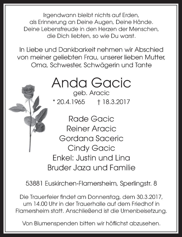  Traueranzeige für Anda Gacic vom 25.03.2017 aus  Blickpunkt Euskirchen 