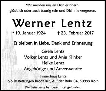 Anzeige von Werner Lentz von Kölner Stadt-Anzeiger / Kölnische Rundschau / Express