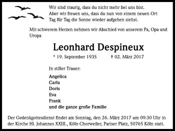 Anzeige von Leonhard Despineux von Kölner Stadt-Anzeiger / Kölnische Rundschau / Express