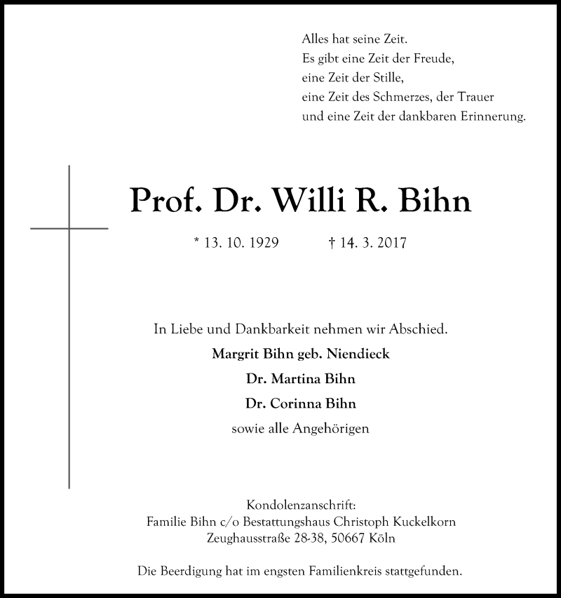  Traueranzeige für Willi Bihn vom 25.03.2017 aus Kölner Stadt-Anzeiger / Kölnische Rundschau / Express